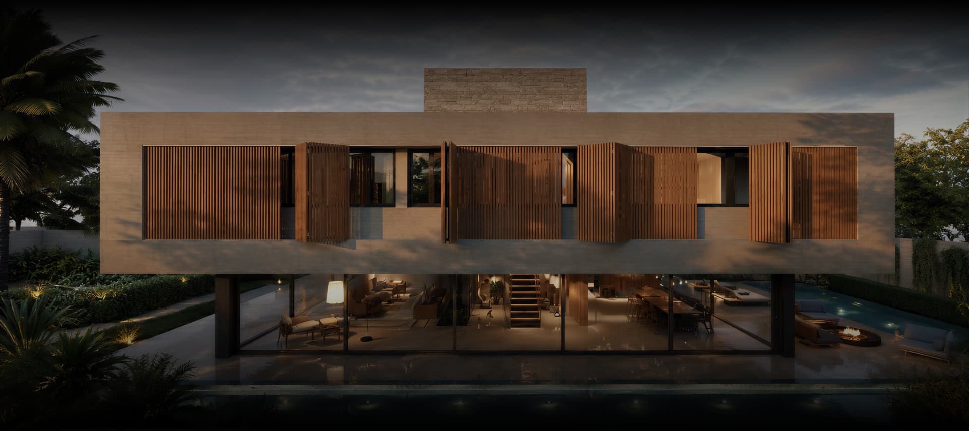 Residência contemporânea em concreto e madeira ao anoitecer, com interiores iluminados e piscina