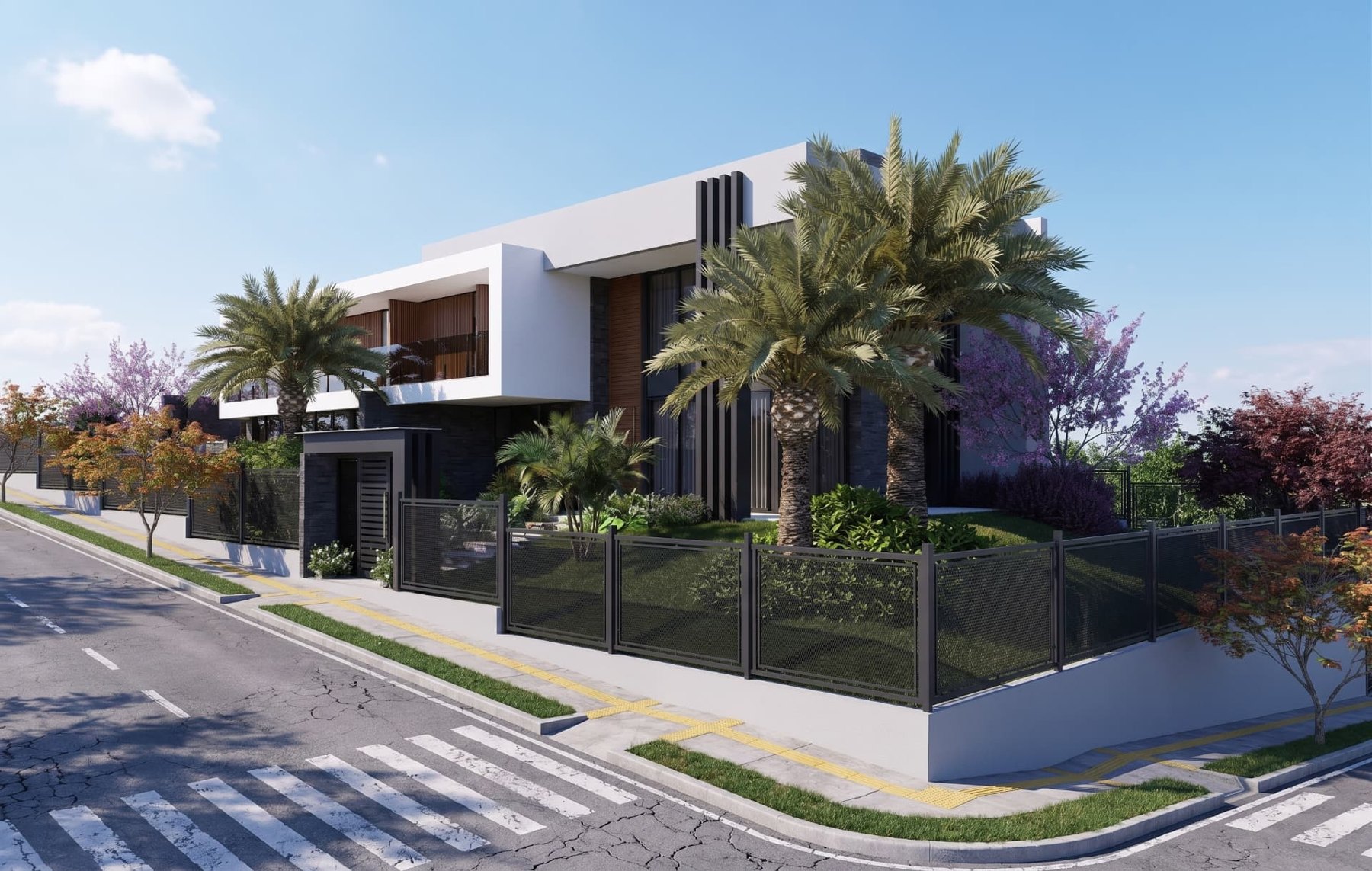 Residência contemporânea com paisagismo de palmeiras e árvores floridas