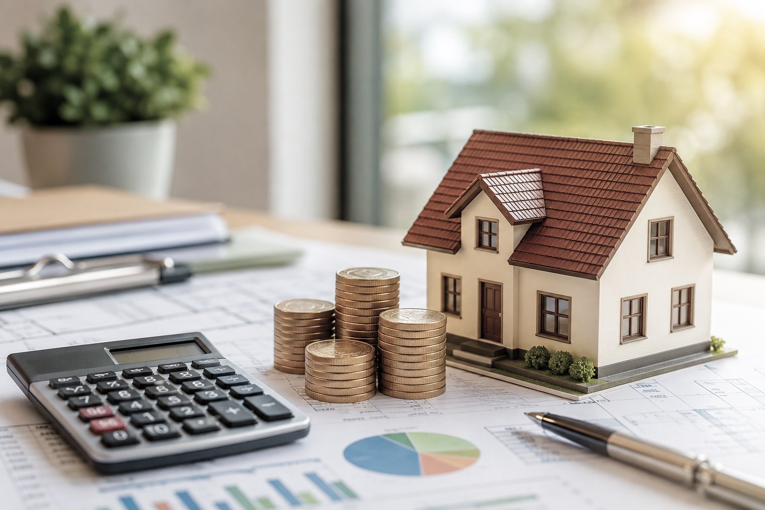 Maquete de casa sobre plantas, calculadora e moedas — assessoria tributária e imobiliária